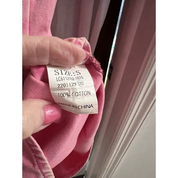 Pink Acid Wash Denim Button Down Babydoll Tiered Heart Print Dress Sz S - Picture 5 of 6